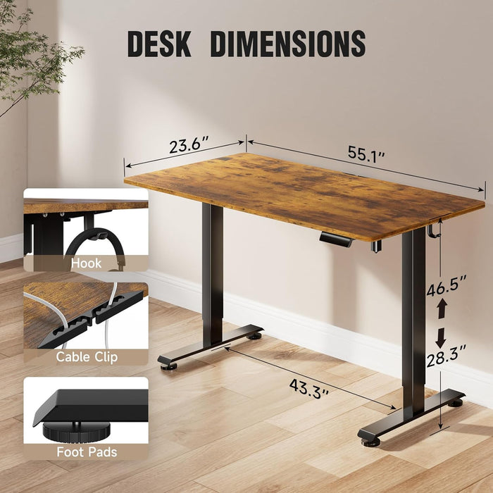 55 Inch, Height Adjustable Sit Stand Up, Wood Desktop, Work Home Office Computer PC Table, Tall Standup Workstation, Gaming Writing Study Bedroom Rising Desks, Brown
