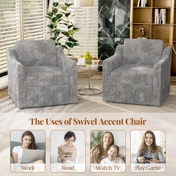 Grey Velvet Upholstered 360 Degree Swivel Armchairs