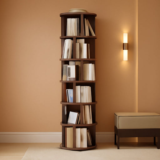 Rotating Bookshelf Tower, 6 Tier Solid Wood Spinning Rolling Book Shelf | Narrow Revolving Bookcase, Vertical Bookshelves for Corner Small Spaces, Bedroom, Living Room, Walnut