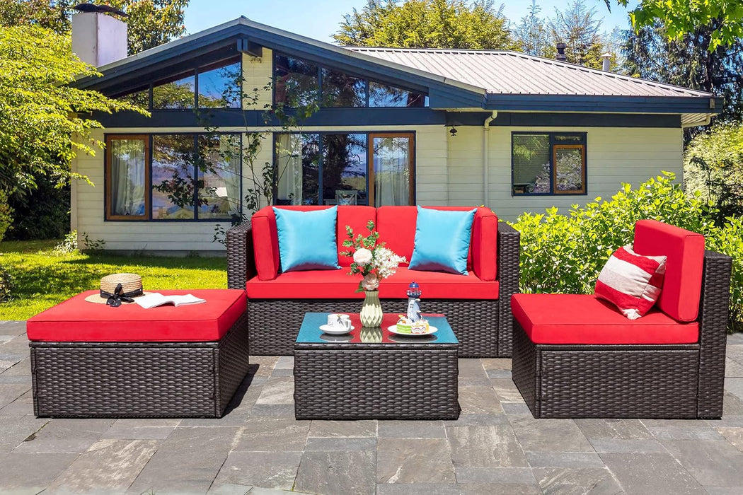 5 Piece Furniture, Small All-Weather Brown PE Wicker Outdoor Couch Sectional Patio Conversation Set Garden Patio Sofa W/Ottoman, Glass Table, Red