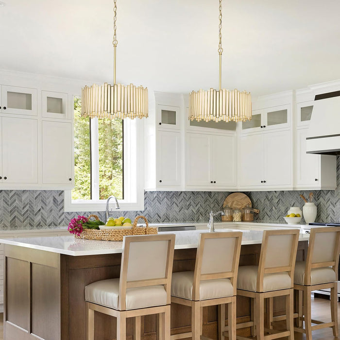 Gold Drum Chandelier 4-Light, Modern Drum Pendant Lighting Fixture with Tiffany Glass Shade, 16” round Ceiling Hanging Light for Bedroom Dining Room Kitchen Entryway Living Room (Gold)