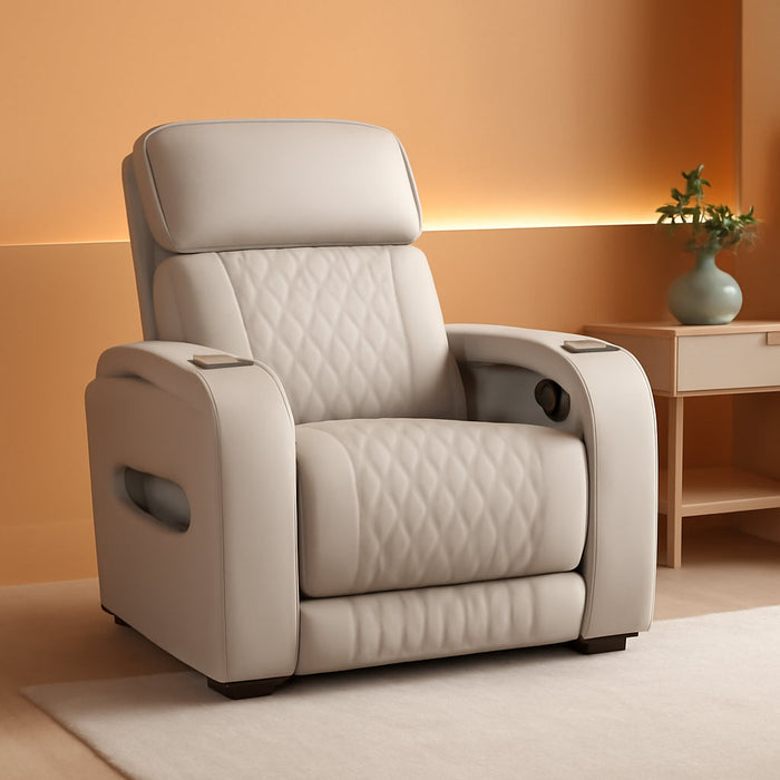 Boyington Contemporary Leather Match Power Recliner with Adjustable Headrest, Cup Holders, USB Port and Air Massage System, Light Gray