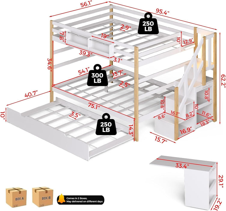 Full over Full Bunk Bed with Trundle and Storage Stairs, Solid Wood Bunk Bed with Foldable Desk, No Box Spring Needed, for Kids, Teens & Adults (White+Wood)