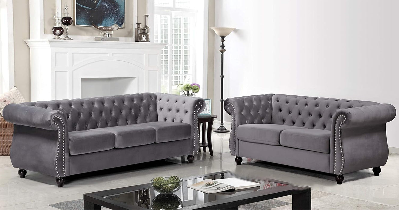 Modern Gray Velvet Chesterfield Loveseat