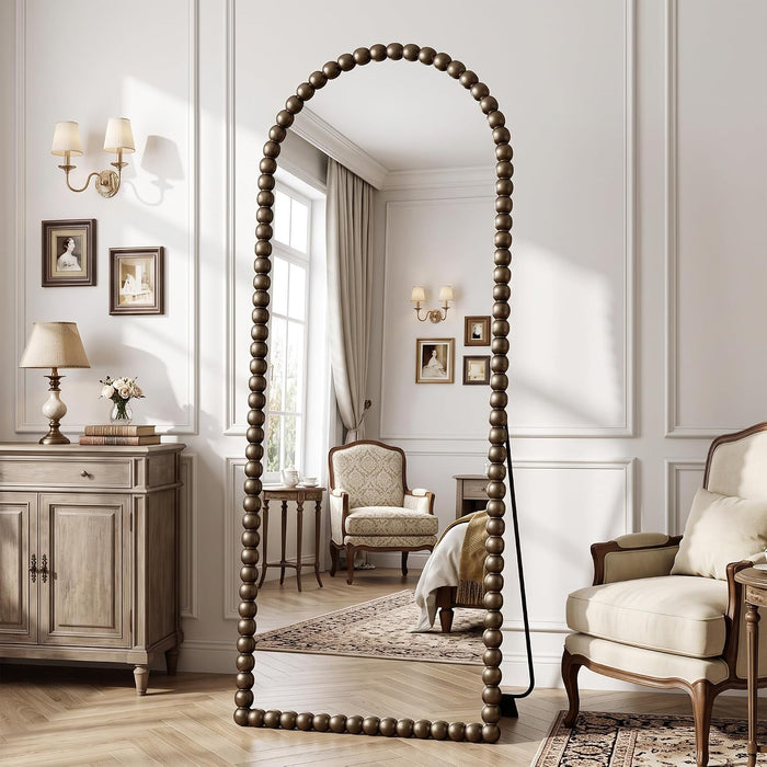 71" X 28" Arched Full Length Mirror, Antique Beaded Frame Floor Standing or Wall Mounted Mirror with Stand for Bedroom, Entryway, Bronze, Luxury Style