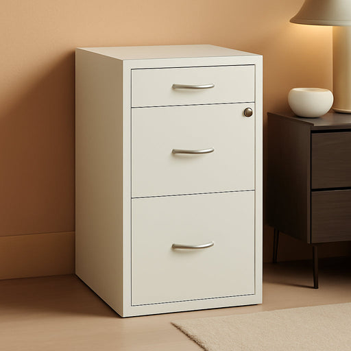 Hirsh  18" Deep 3-Drawer Contemporary Metal File Cabinet, Letter Size, Smooth Glides, for Small Office/Home Office, in Pearl White