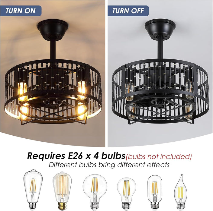 Caged Ceiling Fan with Light, 18 Inch Black Fandelier Ceiling Fans for Kitchen Bedroom Outdoor, Remote Control, Reversible