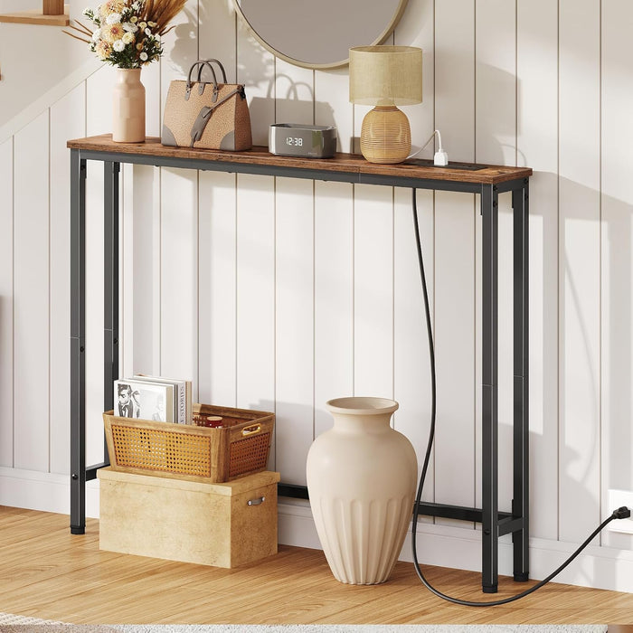 39.4 Inch Narrow Console Table with Power Outlets, 5.9 Inch Sofa Table with Storage, Skinny behind Couch Table, for Entryway Hallway, Small Spaces, Rustic Brown and Black BF52UXG01G1