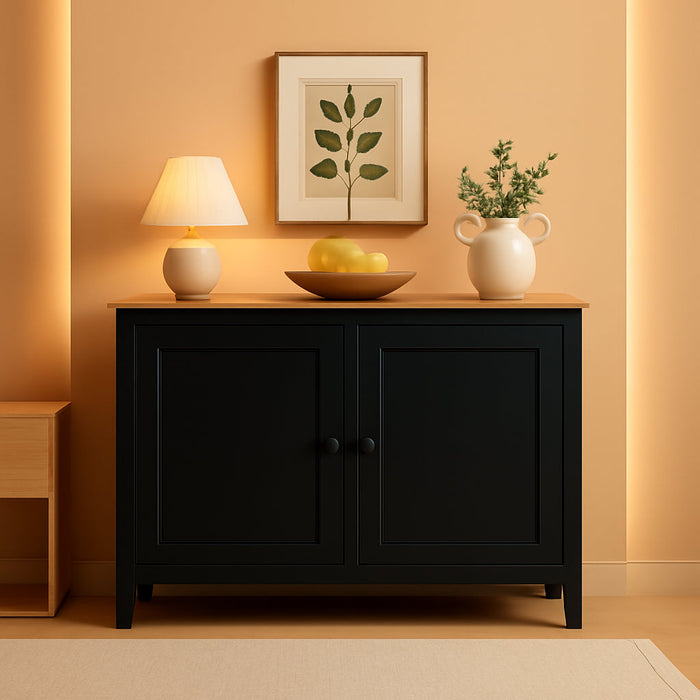 44" Wide Black & Pine Top Solid Pine Shaker Sideboard Buffet Cabinet — 2 Doors Adjustable Shef — No Drawer · Anti-Tip Included — Two-Tone Modern Finish