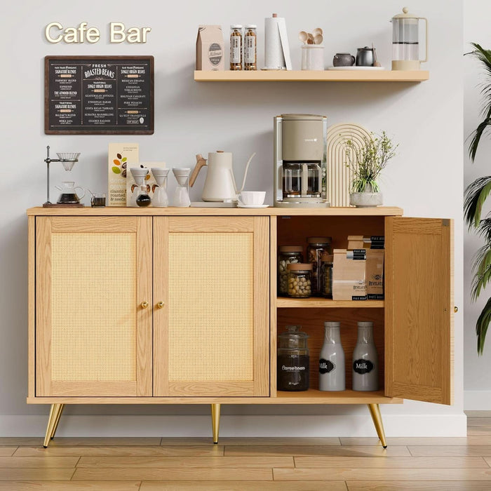Buffet Cabinet with Set of 2 Storage, Kitchen Storage with 3 Rattan Decorated Doors, Accent Cabinet Sideboard for Dining Room, Living Room, Entryway, Hallway, Natural