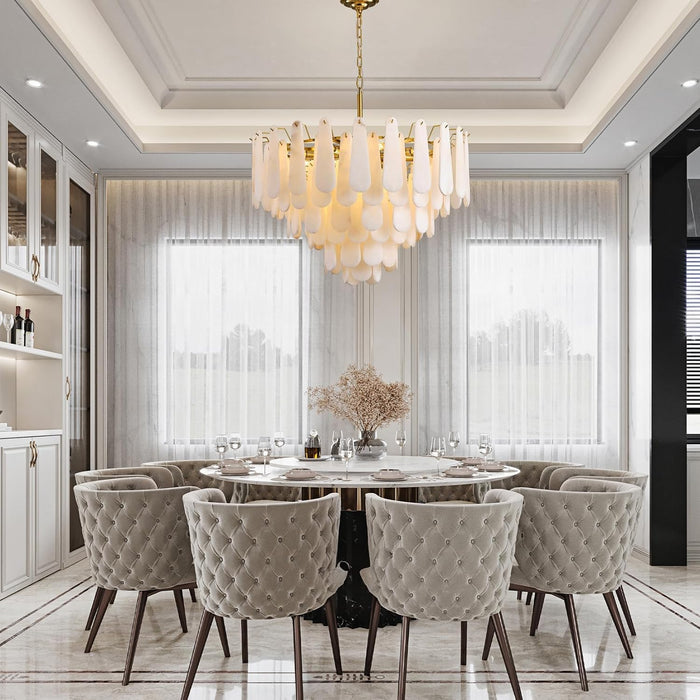 Alabaster Chandelier, D31.5 in Modern Feathery round Chandelier, 6-Tiers Luxury Large White Marble Brass Chandeliers for Dining Room Bedroom Foyer Living Room Entryway