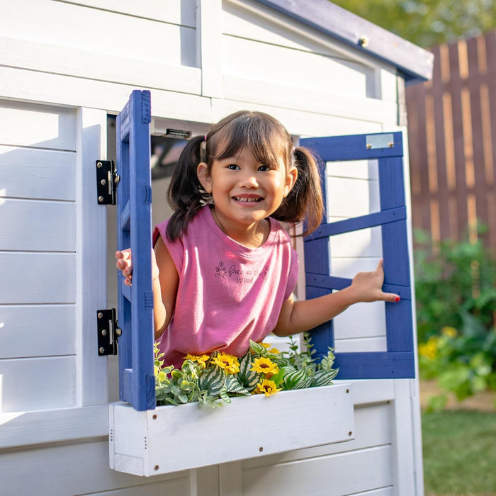 Wooden Playhouse Wendy House with Rainbow Shade, Interactive Kitchen, Working Doorbell, Mailbox & Outdoor Bench, White