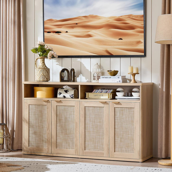 Rattan Sideboard Buffet Cabinet,55" Coffee Bar Cabinet with 4 Doors & Open Storage Shelf,Modern Credenza Console Table for Living Room Rattan Farmhouse Entryway Natural