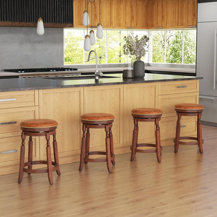24" Swivel Bar Stools Set of 2, Farmhouse Counter Height Stools with Upholstered Seat & Rubber Wood Frame, round Backless Kitchen Stools, Barstools for Kitchen Island/Breakfast Nook, Walnut