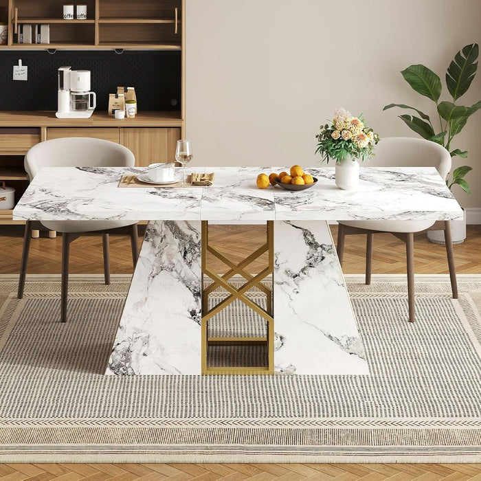 71 Inch Modern White Dining Table for 6-8 People, Large Faux Marble Kitchen and Dining Room Table,Rectanglar Dinner Table with Metal Frame for Dining Room, Living Room, White