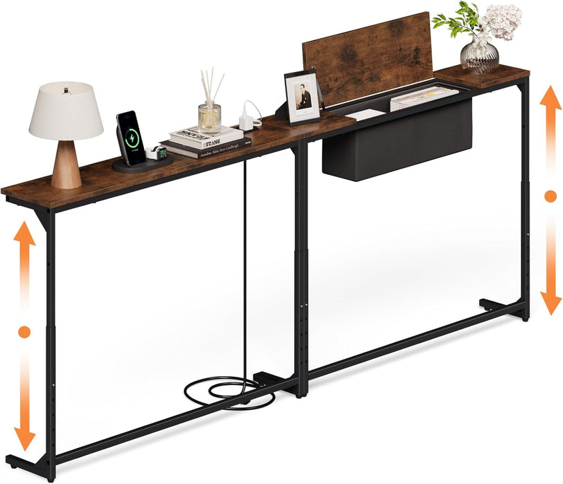 78.8 Inch Narrow Console Table with Power Outlets, 25.2"-35" Adjustable Height Skinny behind the Couch Table with Fabric Storage, Long Sofa Table for Living Room, Entryway, Rustic Brown