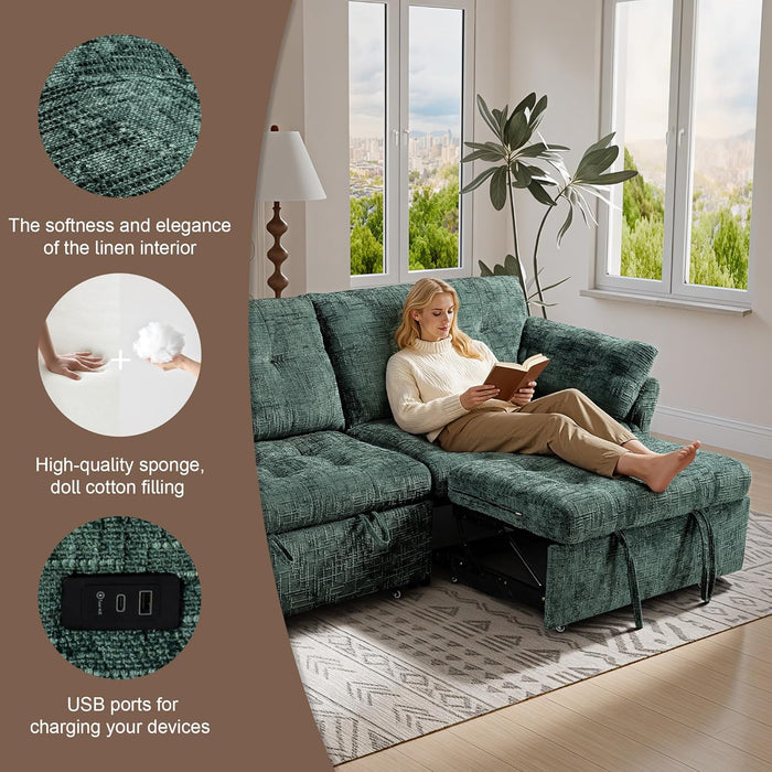 3 in 1 Sleeper Sofa Bed Reclining Convertible Couch with USB & Wheels – Adjustable Lounge Chair for Living Room Apartment 3-Seater 89.8 Inch in Green
