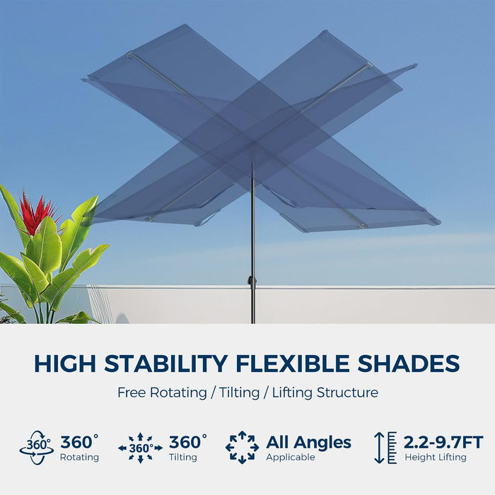 6X4Ft Outdoor Balcony Umbrella - Flat Porch Pool Patio Umbrella Rectangular Canopy Shade UPF50+ UV Protection 360° Rotating & Tilting All Angles Applicable (Navy Blue, No Base)