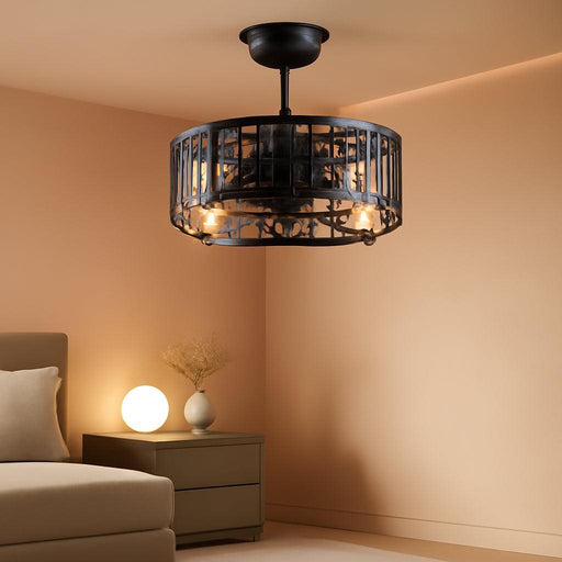 Caged Ceiling Fan with Light, 18 Inch Black Fandelier Ceiling Fans for Kitchen Bedroom Outdoor, Remote Control, Reversible