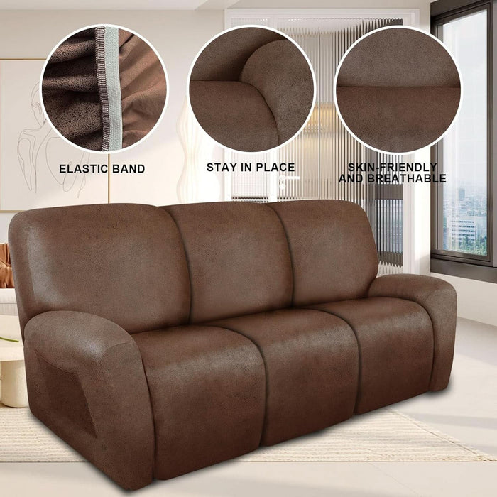 Recliner Couch Cover Leather Look Recliner Sofa Covers for 3 Cushion Reclining Sofa Slipcovers 8-Piece Furniture Protector Spandex Fabric Washable (3 Seater, 01 Brown)