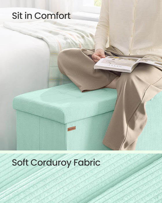 MAZIE Collection - Storage Ottoman Bench, Foldable Foot Rest, 15 X 43 X 15 Inches, End of Bed Bench, Storage Chest, Load 660 Lb, Living Room, Bedroom, Entryway, Moonlight Green ULSF604C01