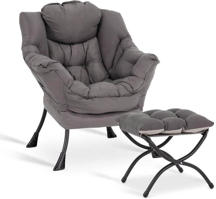 Dark Grey Velveteen Upholstered Ottoman Lounge Chair