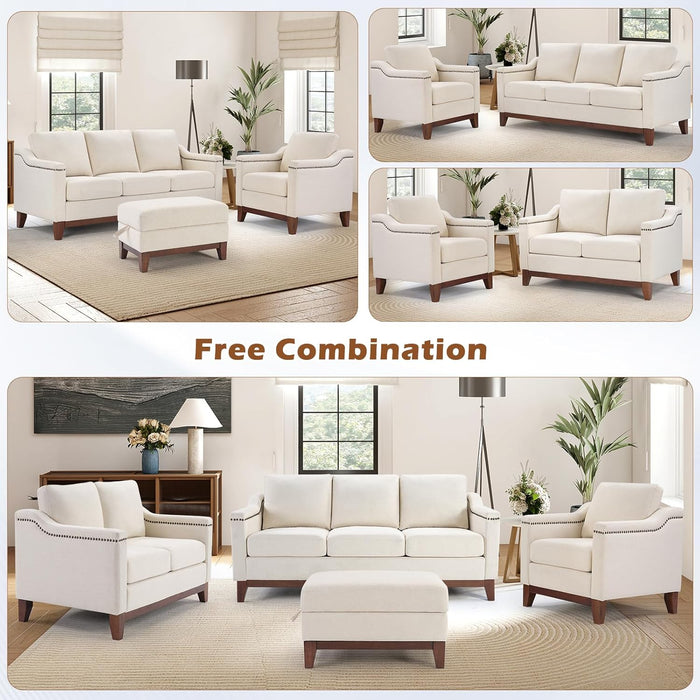 Beige ThreeSeater Upholstered Sofa With Nailhead Trim