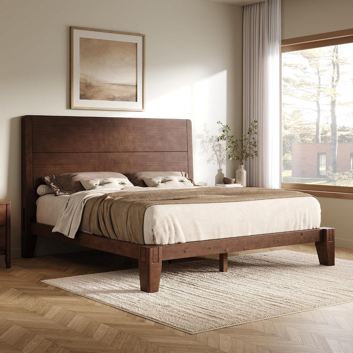 Solid Wood Full Bed Frame with Headboard, Japanese Joinery, Walnut
