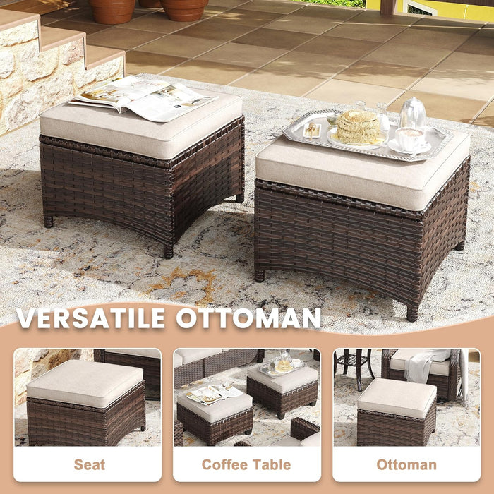 9 Piece Outdoor Patio Furniture Sets,Wicker Conversation Set with 3-Seat Sofa,2 Swivel Chair,2 Side Tables,2 Ottomans,1 Fire Table and 1 Lover Sofa for Garden,Brown Rattan Beige Cushion