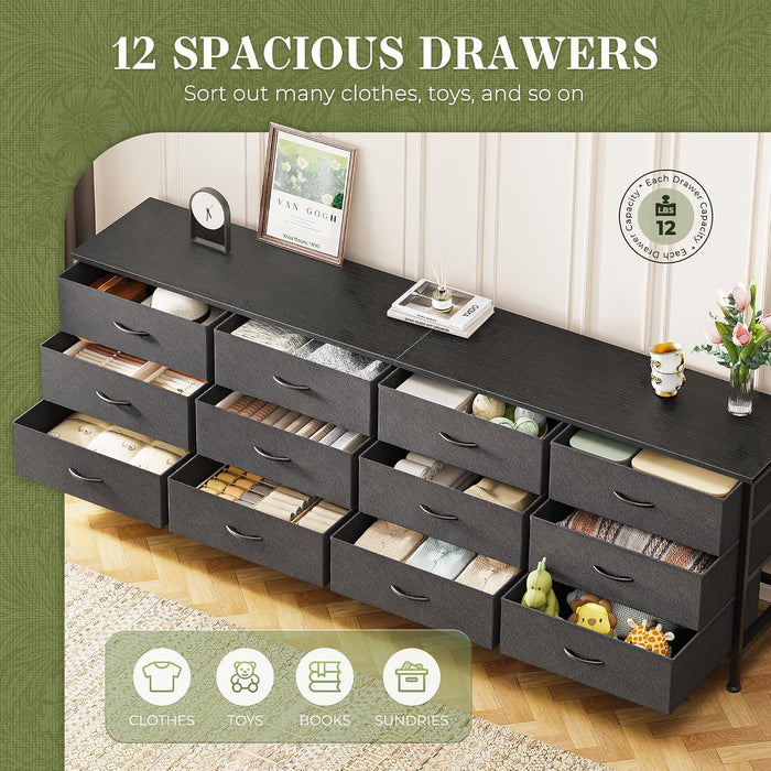 70 Inch Black Dresser for Bedroom, TV Stand for 65, 75, 80 Inch TV, 12 Fabric Drawer Long Dresser, Wide Chest of Drawer, Storage Units for Living Room
