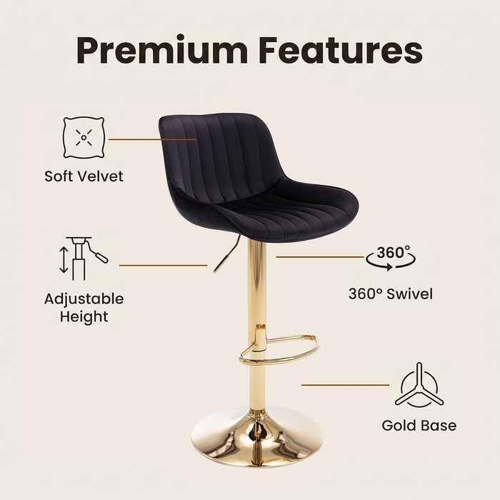 Velvet Bar Stools Set of 4 - Swivel Counter Height Barstools with Back & Adjustable Height, Modern Gold Kitchen Island Stools for Bar, Armless Pub Stools, Soft Black Upholstered Seating