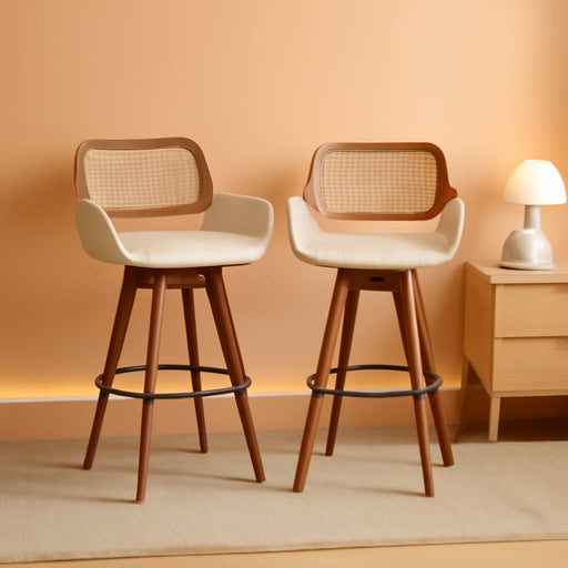 Rattan Swivel Bar Stools, Counter Height Bar Stools with Cane Back, Upholstered Seat, Faux Leather Upholstered Furniture for Island/Counter (Beige, 26.5"-2 PCS)