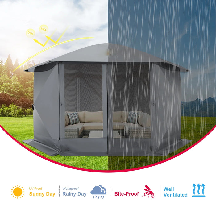 12X12Ft Camping Outdoor Gazebo, 6 Sided Pop-Up Gazebo Canopy with Mesh Windows, Portable Carry Bag, Waterproof, UV 50+, Large Shade Tents for Outdoor Camping, Backyard, Gray