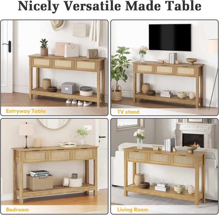 Rattan Console Table Boho Entryway Table with 3 Drawers Storage, Narrow Long behind Couch Sofa Table for Living Room Side Table Entry Way Table Entrance Hallway Foyer, Natural, 47 Inch