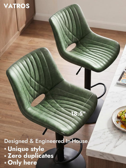 Swivel Bar Stools Set of 2, Height Adjustable Counter Height Bar Stools with Open Back and Footrest, Premium Faux PU Leather, Modern Upholstered Bar Chairs for Kitchen Island/Bar/Counter, Green