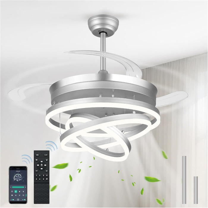 42 Inch Retractable Ceiling Fans with Lights and Remote, Modern Chandelier Fandelier Ceiling Fans, Quiet Reversible DC Motor, 6 Speeds, 3 Color Dimmable LED for Bedroom Living Room (Silver)