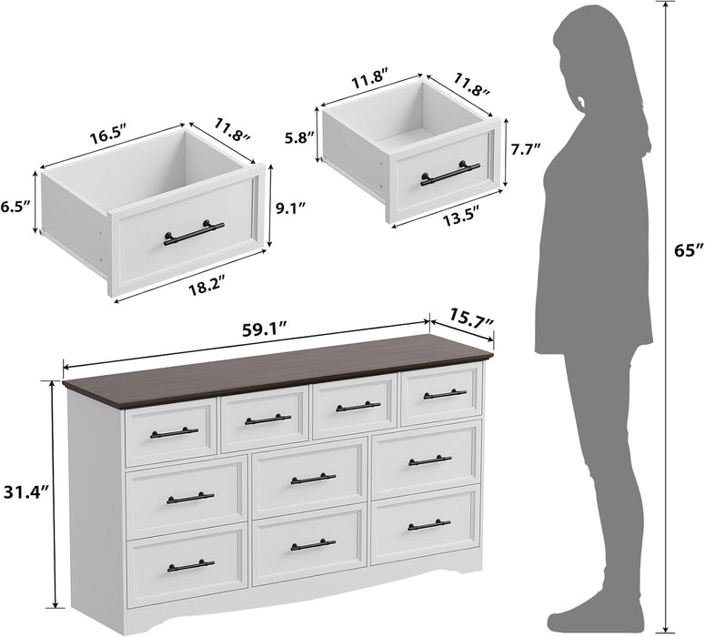10 Drawer Dresser for Bedroom, 59" Wide Farmhouse Chest of Drawers with Brushed Metal Handle, Wood Dresser TV Stand, Closet Organizers and Storage Cabinet for Bedroom, Living Room, White