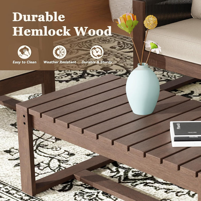 4 Piece Patio Furniture Set, Wooden Outdoor Furniture Conversation Set with Coffee Table, Modern PE Wicker Patio Chairs Conversation Sets with Sofa for Garden, Terrace, Porch, Balconies, Lawns