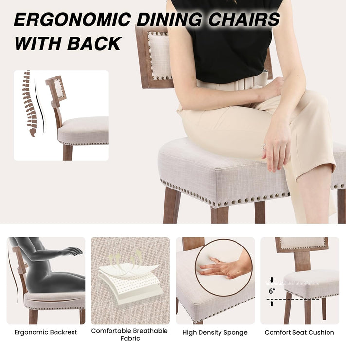 Mid Century Modern Dining Chairs Set of 4, Farmhouse Linen Fabric Upholstered Accent Chairs Curved Nailhead Trim Backrest Kitchen Chairs, with Hardwood Frame, Beige