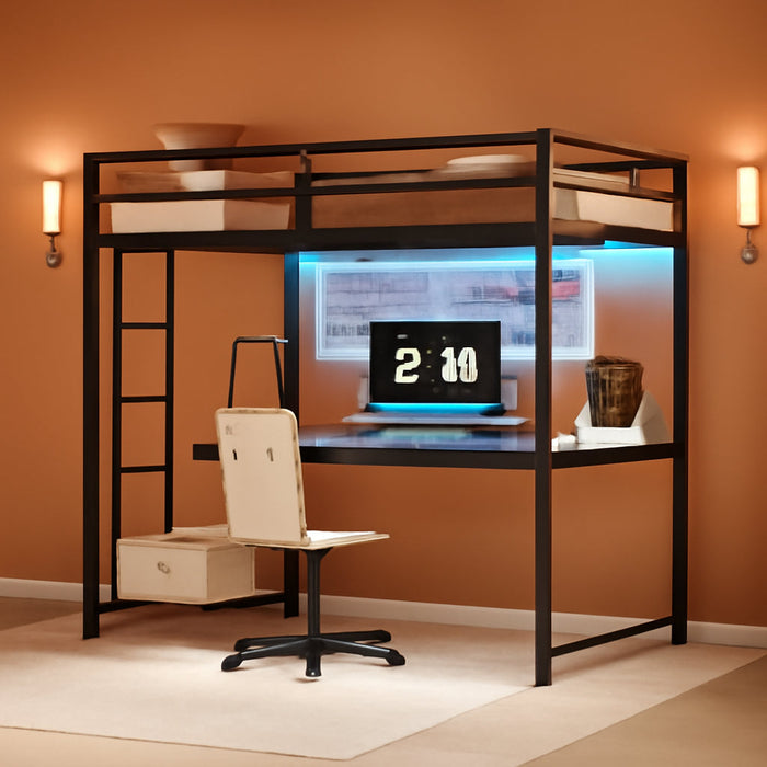 Loft Bed Twin Size with Desk, Metal Loft Bed Frame with Power Outlet and LED Lighted, Space-Saving, Noise Free, Black
