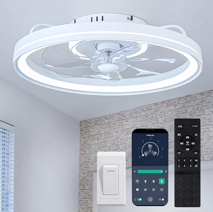 Low Profile Ceiling Fan with Lights and Remote, 20 Inch Modern Ceiling Fans Flush Mount, Dimmable Bladeless LED Fan Light, Ceiling Fans with Lights for Bedroom (White, Frosted Ring)