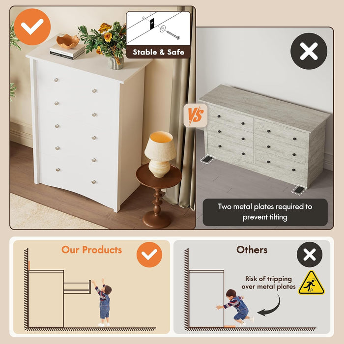 Tall Dresser for Bedroom, Modern Dressers with 5 Drawers, White
