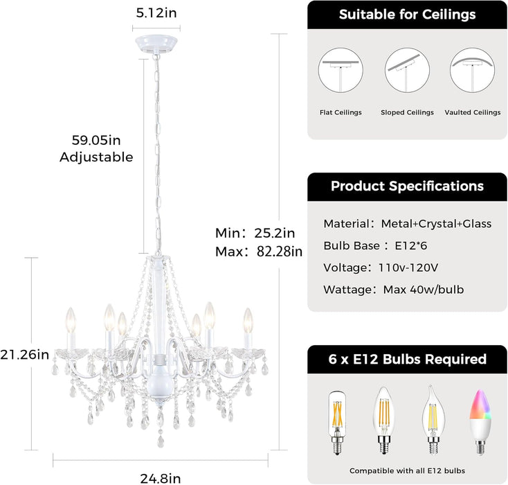 White Crystal Chandelier Six Light Dining Fixtures