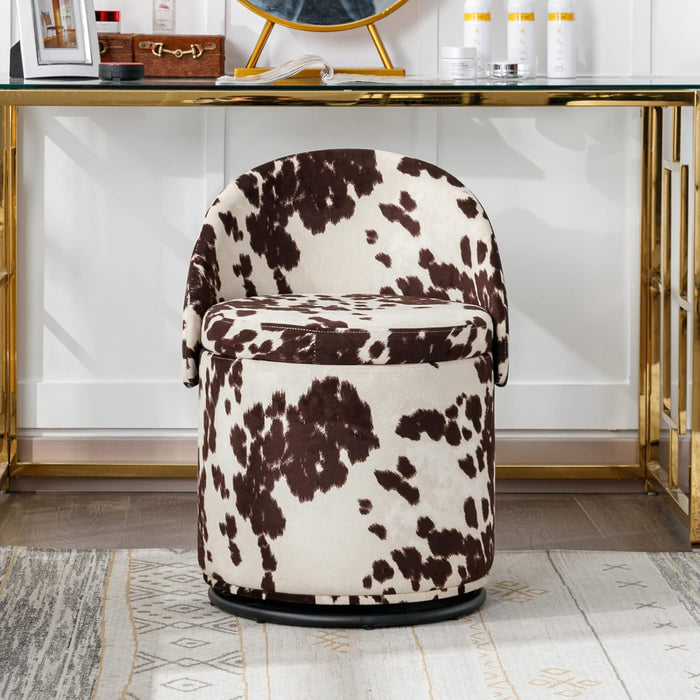 Modern Swivel Ottoman Vanity Chair, Linen Upholstered Barrel Club 360°Degree Swivel Side Stool with Storage, Comfy Makeup Stool for Bedroom Living Room, Milk Cow