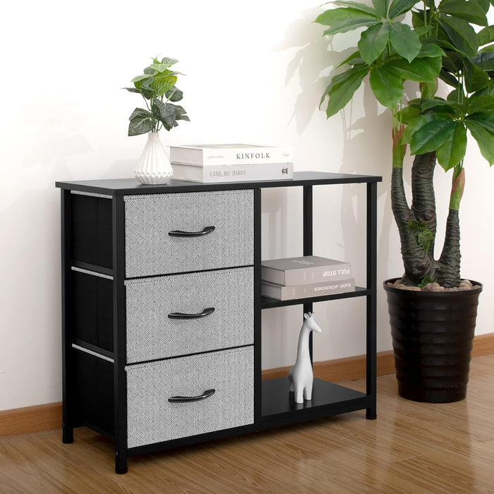 Rustic Brown Fabric Dresser, 4 Drawer Organizer Unit with 2 Shelves, Storage Chest for Bedroom, Entryway, Hallway, Living Room, Office, Grey with Black