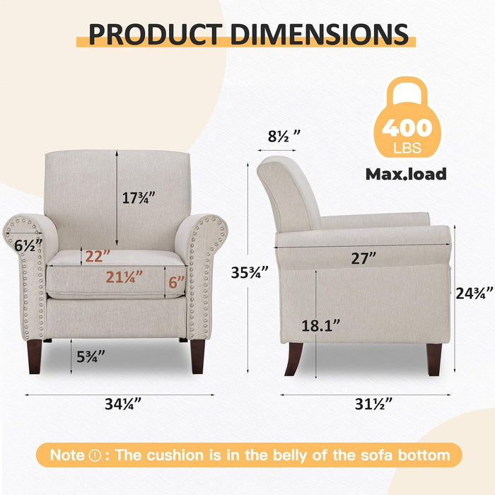 Comfy Accent Chair, Mid-Century Modern Fabric Living Room Chair Reading Chair with Soft Cushion, Nailhead Trim & Rolled Armrest, Arm Chair Sofa Chairs for Bedroom Waiting Room Office, Beige