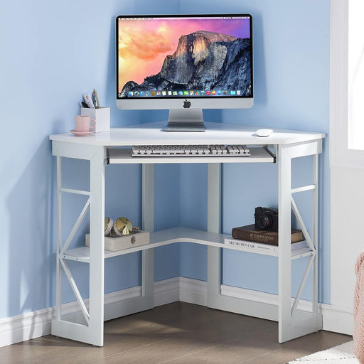 Corner Desk Computer Desk Writing Table with Smooth Keyboard Tray & Storage Shelves,Compact Home Office Triangle Table,White