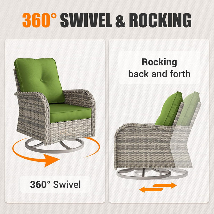 Outdoor Patio Furniture Set Patio Rocking Swivel Chair with Tempered Glass Side Table, Outdoor Wicker Rattan Bistro Set with Ottomans for Garden, Deck, and Balcony, Avocado Green