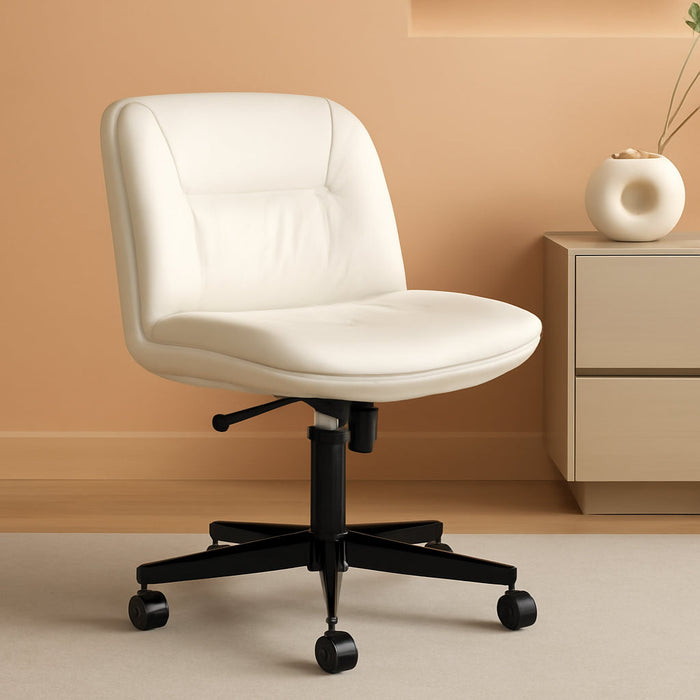 Criss Cross Chair with Wheels, Armless Wide Cross Legged Office Chair Mid Back, Modern Home Office Desk Chair Swivel Adjustable Vanity Computer Chair, Beige