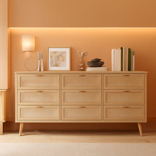9 Drawer Double Dresser for Bedroom, Rattan Chest of Dressers, Modern Wooden Dresser Chest with Golden Handles, beside Table for Closet, Living Room and Entryway, Natural